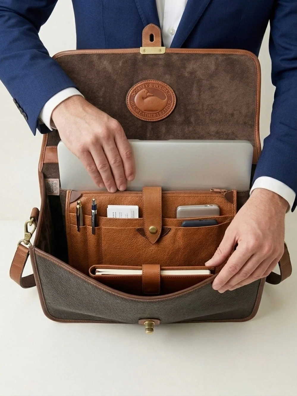 Classic Two-Tone Brown Vintage Dooney & Bourke AWL Messenger Briefcase Crossbody